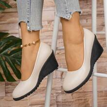 Sepatu hak wedges minimalis wanita, ujung bulat, sol tebal, menambah tinggi badan, gaya komuter musim semi/gugur, sepatu kasual serbaguna. - putih pucat - View 5