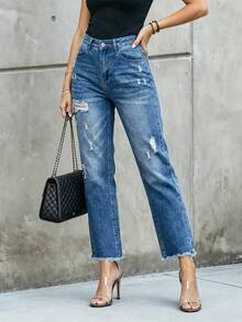 Women's Light Blue Washed Distressed Straight Leg Jeans, Vintage Distressed Denim Pants With Frayed Edges And Ripped Details - Blue - View 3