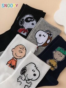 5 Pairs SNOOPY Series Genuine Charlie Brown Puppy Pilot Pattern Fun Personalized Cartoon Women's Mid-Calf Socks - Multicolor - View 5