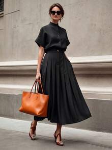 Solid Color Button Decor Stand Collar Short Sleeve 2 Pieces Set Shirt + Pleated Mid-Length Skirt Elegant Black - Black - View 2