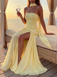 Women's Elegant Sleeveless Strapless Long Cocktail Dress, Slit Design, Medium Stretch Knit Fabric Yellow Wedding Party Fall - Yellow - View 4