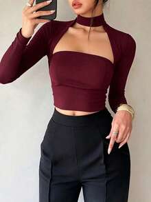 Women's Sexy, Elegant, Minimalist Charm Pullover Top, Suitable For Daily Wear, Dates, Featuring Solid Color, Deconstructed Asymmetric, Hollow-Out Cris - Burgundy - View 3