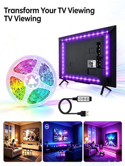 RGB TV LED燈條，5V USB供電電視背景照明燈，音樂同步變色氛圍燈，適用於HDTV螢幕，易貼式安裝電視背光燈，客廳臥室遊戲室裝飾