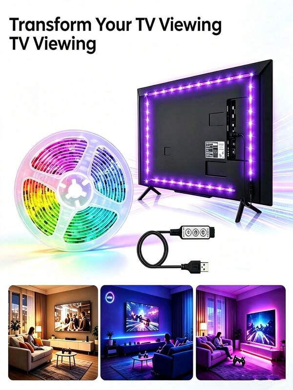 RGB TV LED燈條，5V USB供電電視背景照明燈，音樂同步變色氛圍燈，適用於HDTV螢幕，易貼式安裝電視背光燈，客廳臥室遊戲室裝飾