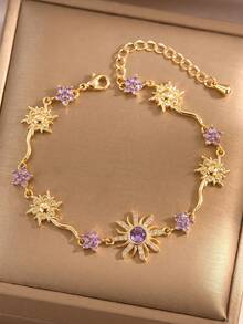 1pc Sunflower Bracelet, Sun Bracelet, Inlaid With Shiny Synthetic Zirconia, Suitable For Travel And Vacation Wear, Holiday Gift, Essential Fashion Item For Going Out - Bracelet - View 3