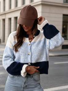 Cardigan Rajut Bergaris Warna Kontras, Kerah Bulat Kancing Tunggal, Manset Berkerut, Lengan Panjang, Jaket Kasual Longgar, Atasan Serbaguna Wanita untuk Musim Gugur/Dingin - MultiWarna - View 6