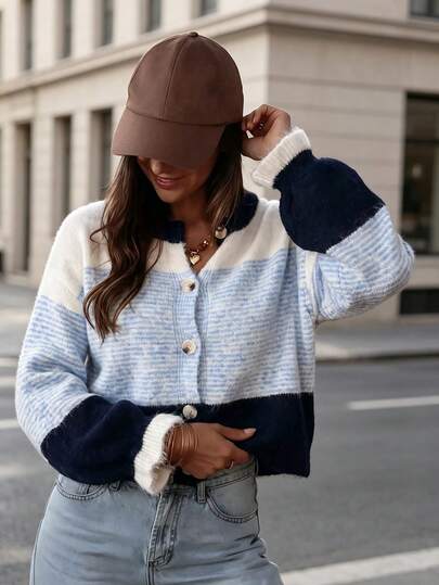 Farbblock-gestreifter Strick-Cardigan, Rundhals einreihig mit Rüschenmanschetten, Langarm, locker geschnitten, lässig, slouchy Jacke, vielseitiges Top für Damen im Herbst/Winter