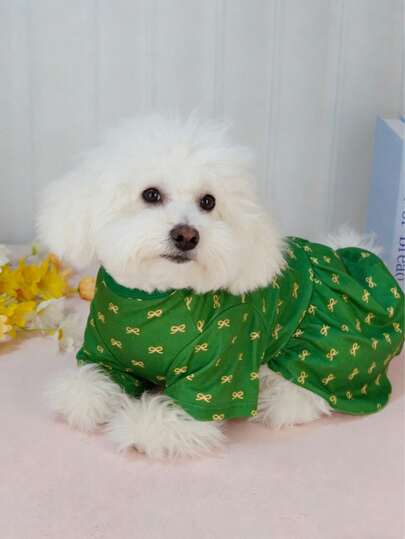 Haustier Herbst/Winter dünnes Fleece Schleife grün minimalistisch elegantes Kleid für Katzen und Hunde Outdoor-Kleidung