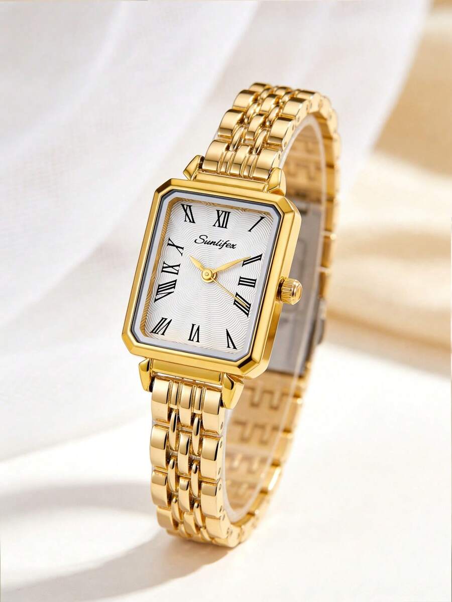 1 buah Jam Tangan Quartz Vintage Persegi Panjang Wanita, Dial Putih Bergelombang, Casing dan Tali Paduan Emas, Jam Tangan Elegan, Cocok untuk Pemakaian Sehari-hari dan Hadiah - Putih - View 1