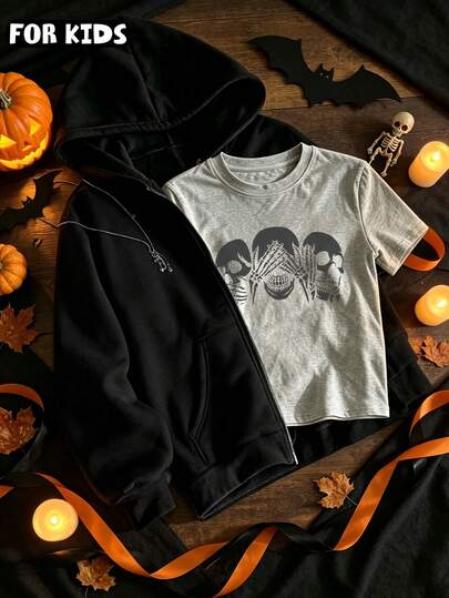Kids Casual Fall Halloween 2‑Piece Outfit, Soft Cotton‑Feel Zip Hoodie Jacket & 3 Wise Skulls Graphic Print Tee