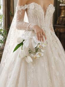 1pc Bohemian Style Satin Bow Ring Bridal Bouquet, Gentle & Elegant - White - View 1