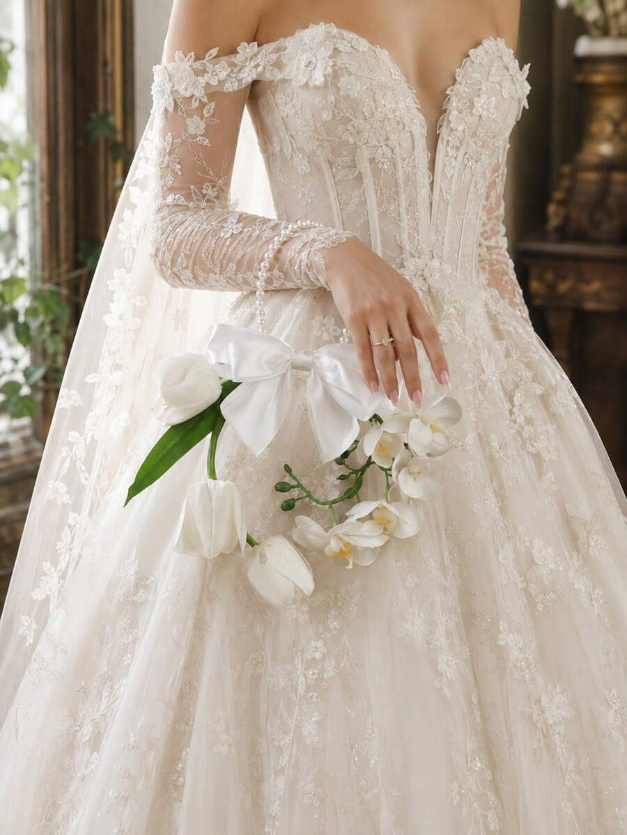 1pc Bohemian Style Satin Bow Ring Bridal Bouquet, Gentle & Elegant - White - View 1