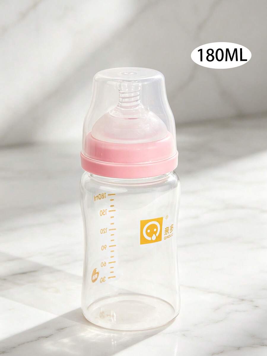 1PC 180ML/220ML Wide Mouth Glass Baby Bottle, Soft Nipple Anti-Colic Anti-Choke, Heat-Resistant Precise Scale, Suitable For Newborns, Infants And Babies Drinking Milk And Water - Pink - View 1
