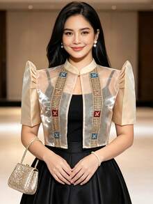 1件現代菲律賓風上衣，蝴蝶袖拼接鈕扣短袖開襟襯衫女款，適合旅行與度假 - 香檳色 - 查看 1