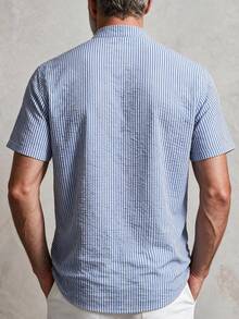GOLDREDY Stand Collar Half-Button Striped Short Sleeve Shirt Men's Summer Seersucker Breathable Japanese Casual Henley Collar Shirt - Blue - View 3