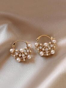 1 Pair Elegant Cubic Zirconia Hollow Faux Pearl Stud Earrings, Suitable For Women's Daily Wear - Coffee Gold - View 6