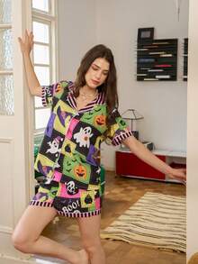 Women Halloween Notch Collar Short Pajama Set, Patchwork Ghost Witch Pumpkin Print Bubble Crinkle Short Sleeve Top & Shorts Holiday Loungewear PJs - Multicolor - View 6