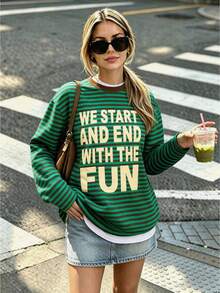 Women's New Arrival Bestselling Casual Striped Graphic Print Loose Pullover Sweatshirt - Green - View 6
