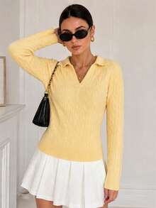 Sweater Pullover Wanita Kerah Polo Rajut Kabel Lengan Panjang Slim Fit Leher V Musim Gugur - Kuning - View 5