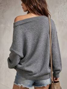 Women's Casual Grey Solid Color Long Sleeve Pullover Sweater, Rib-Knit Round Neck Drop Shoulder Sweater - Grey - View 3