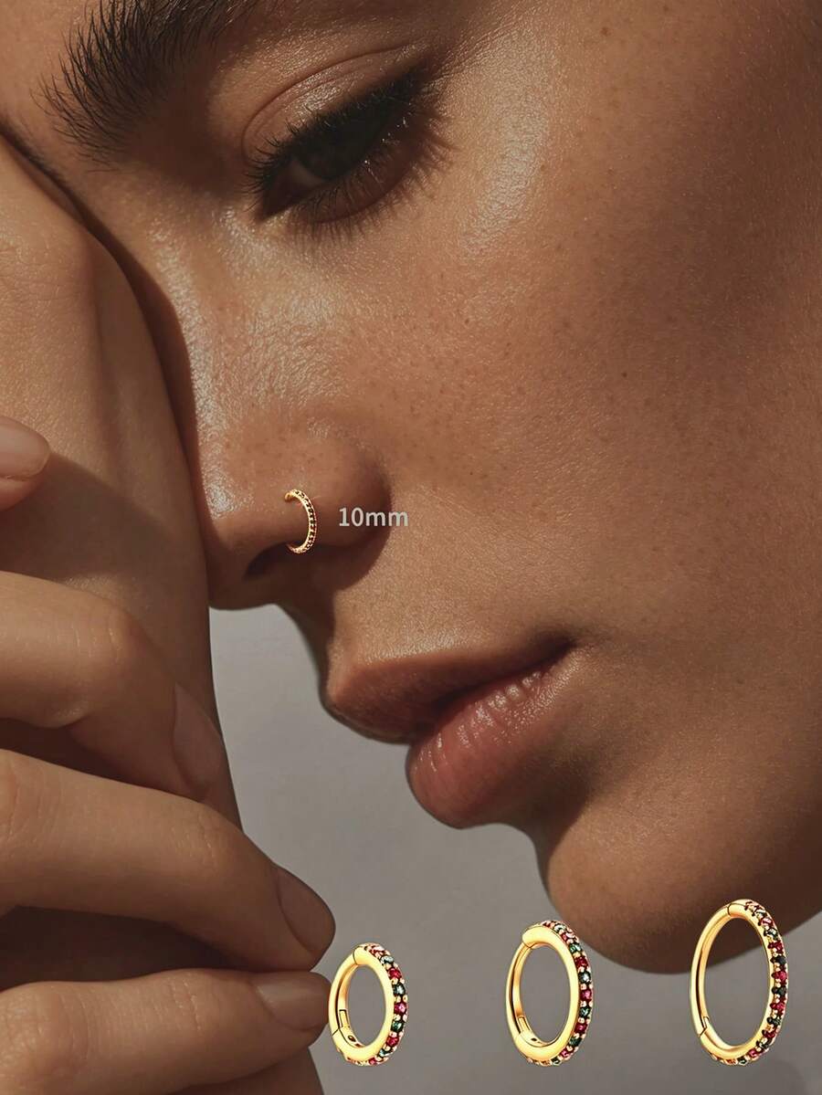 1 pièce Anneau de nez percé en argent sterling S925 avec diamant coloré incrusté sur une seule rangée, style de niche & luxe léger, polyvalent pour un usage quotidien, cadeau idéal pour les femmes - célibataire - Voir 1