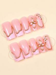 24pcs Long Square Press-On Nails, Nude Pink Base With Gold Metallic Line Border, Transparent 3D Flower And Tiny Pearl Decor, Reusable Fake Nails, Suitable For Wedding And Party Wear - Multicolor - View 2