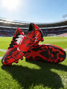 1 Pair Black White Red Gradient Camouflage Pattern Dream Football Cleats, Studded, Fast Anti-Slip, Hook-And-Loop Easy On/Off, Lightweight And Breathable (Asymmetrical Camouflage Pattern And Color On Upper) - Bright Red - View 3