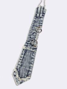 1pc Distressed Washed Denim Decorative Tie-Free Accessory With Frayed Edge Patch Pocket And Metal Ring Chain, Cool Subculture Style - Multicolor - View 2