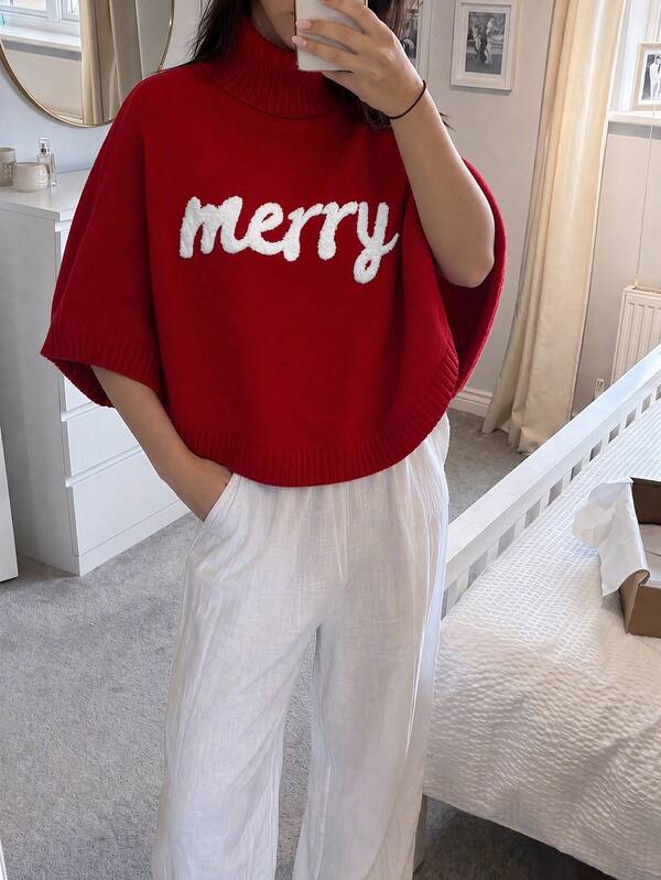 Autumn/Winter New High Neck Knit Cape Shawl For Women, Merry Letter Knit Cover Up, Loose Pullover Sweater Cape, Christmas/New Year Vibe Top, Versatile Layering Knit Cape For New Year's Eve Party And Daily Commute