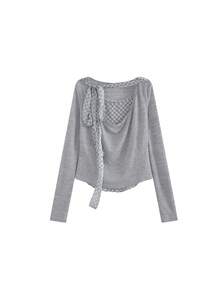 Korean Style Draped Neck Plaid Ribbon Patchwork Pleated Faux Two Pieces Long Sleeve T-Shirt, Niche Design Casual Versatile Autumn/Winter Women's Top - Grey - View 4