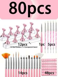 80pcs Pink Series Manicure Tool Kit, 48-Slot Reusable Nail Art Clay, 10 Nail Art Stands + 2 Clear Ba - Pink - View 16
