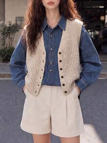 Women's Autumn Casual Minimalist Slimming Vertical Textured Knit Cardigan Vest - Oatmeal - View 3