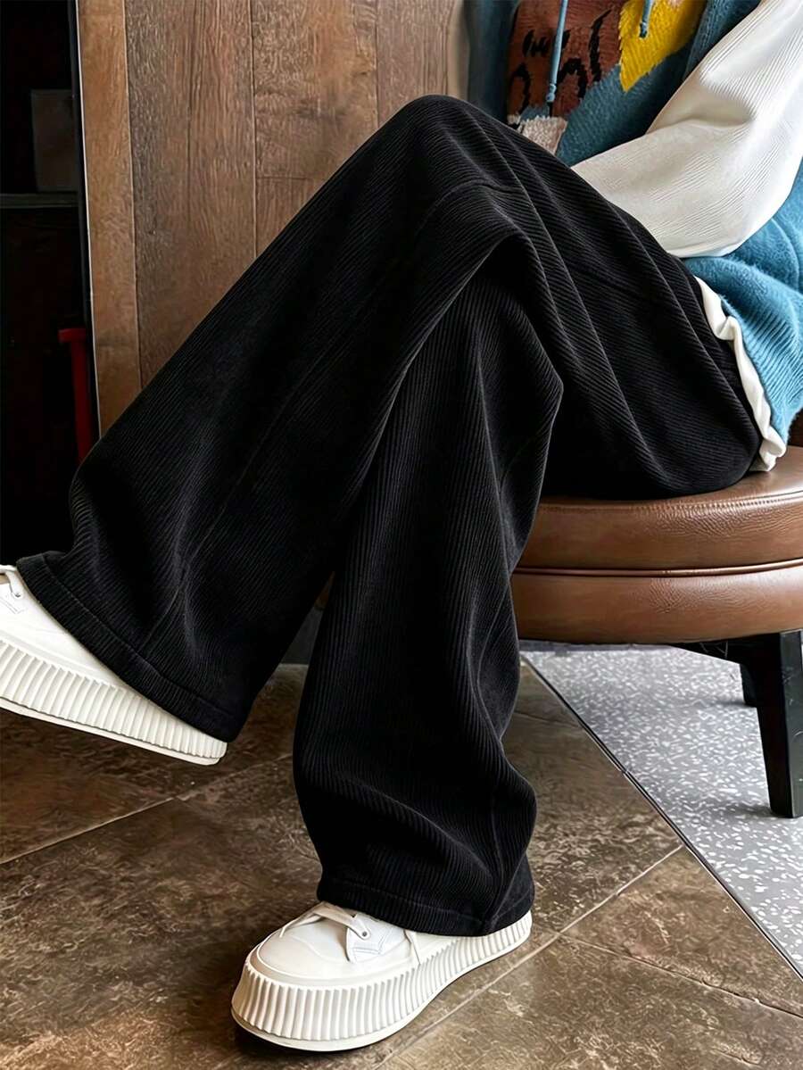 Men's Retro Loose Corduroy Casual Pants With Pockets - Soft And Comfortable Fabric, Suitable For Streetwear And Outdoor Activities - Black - View 1