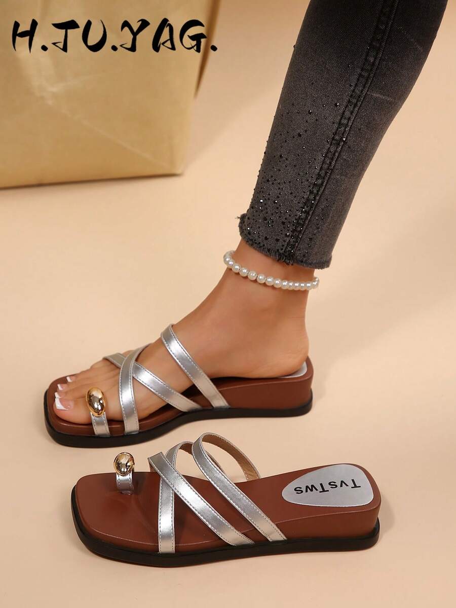 Women's Summer New Multicolor Optional Outdoor Flat Flip Flops, French Retro Versatile Soft Bottom Non-Slip Slippers, Metal Buckle Square Toe Casual Beach Sandals
