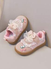 Girls Style First Walker Shoes, Lace Mesh Large Bow Soft Sole Hook And Loop Baby Shoes - Pink - View 11