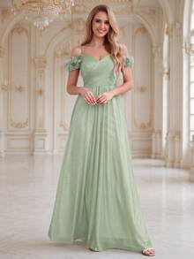 EVERPRETTY Summer Early Autumn Elegant Olive Green 3D Floral Decor Off-Shoulder Spaghetti Strap Bridesmaid Dress Party Wedding Fall - Mint Green - View 9