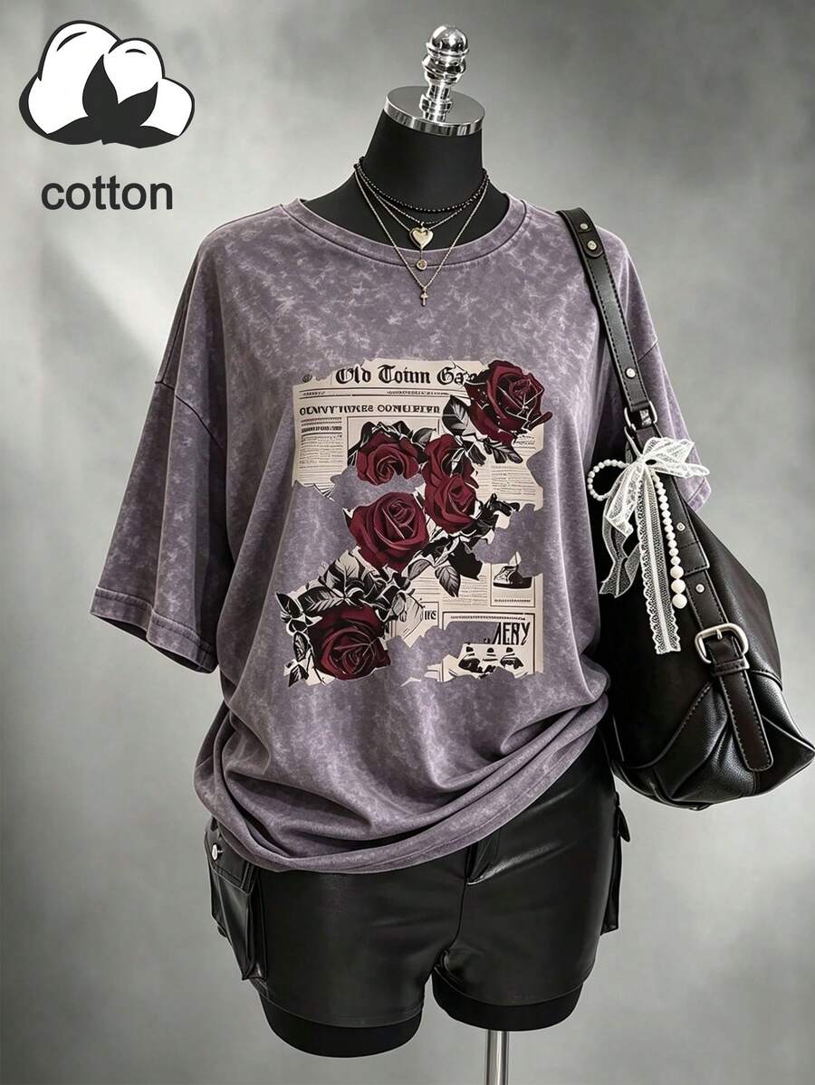 Camiseta de Talla Grande Casual de Verano con Estampado de Periódico de Rosas, Ropa de Talla Grande para Halloween y Otoño - Púrpura malva - Ver 1