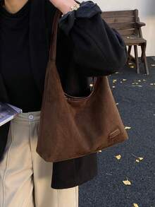 秋冬咖啡棕色麂皮 PU 女款單肩托特包，時尚百搭大容量收納肩背包/通勤包 - 咖啡棕 - 查看 3