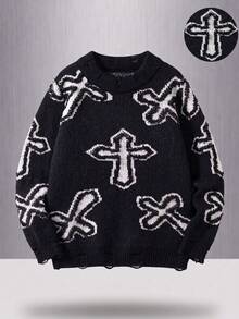 Tween Boys Street Style Cross Graphic Knit Pullover Sweater, Long Sleeve, Suitable For Casual Wear In Spring, Autumn And Winter - Black - View 1