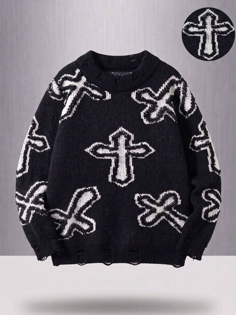 Tween Boys Street Style Cross Graphic Knit Pullover Sweater, Long Sleeve, Suitable For Casual Wear In Spring, Autumn And Winter - Black - View 1