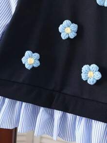 Young Girls Autumn/Winter 3D Floral Blue Striped Patchwork 2 In 1 Top + Knitted Flare Pants Casual Set - Blue - View 5