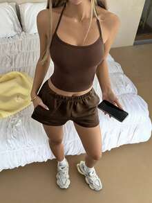 GLAMSKIN Women's Summer/Autumn Basic 2 Pieces Set, Spaghetti Strap Tank Top And Drawstring Shorts Brown Elegant - Brown - View 3