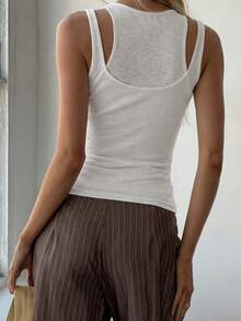Plus Size Women's White Linen-Feel Sleeveless Camisole Top, Fitted Y2K Style Casual Office Wear, Spring/Summer - White - View 6