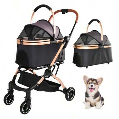 2-In-1 Detachable Foldable Pet Stroller For Dogs Cats, Black