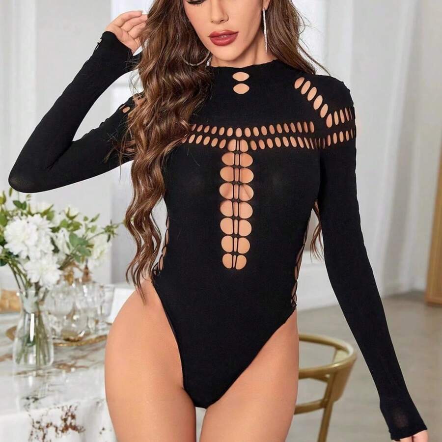 Jumpsuit Fashion Slim Fit Lengan Panjang Berlubang Seksi Gaya Eropa dan Amerika - Hitam - View 1