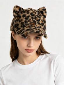1pc Personalized Vintage Leopard Print 3D Cat Ear Plush Baseball Cap - Multicolor - View 7