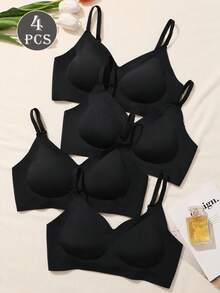 4pcs Women's Wireless Seamless Push-Up Bra, Removable Padding, No-Trace Bra, Black Adjustable Basic Style, Halloween Lingerie - Black - View 1
