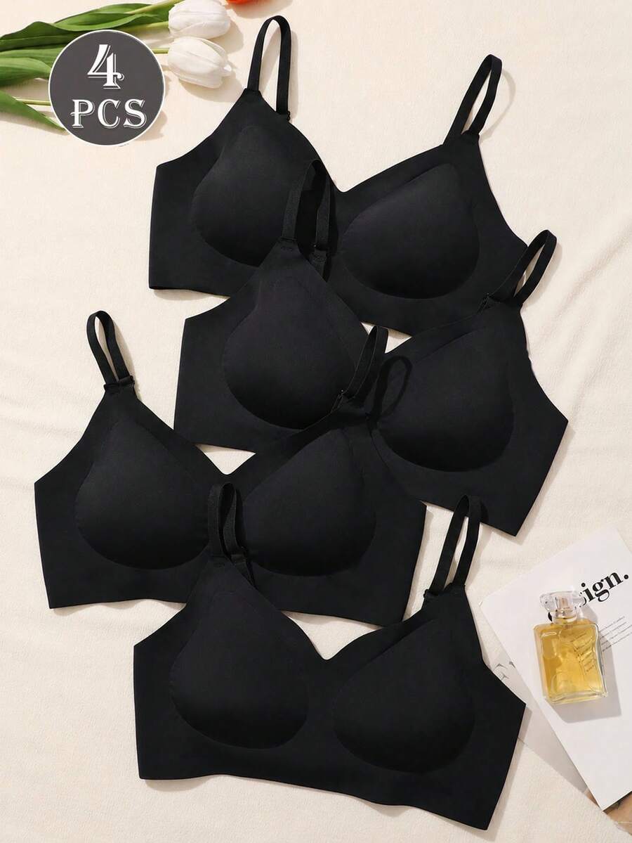 4pcs Women's Wireless Seamless Push-Up Bra, Removable Padding, No-Trace Bra, Black Adjustable Basic Style, Halloween Lingerie - Black - View 1