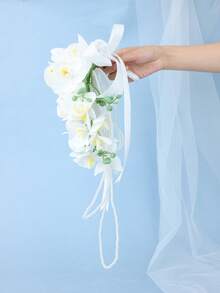1pc Bohemian Style White Lily Water Drop Cascade Bridal Bouquet, Satin Ribbon Pearl Tassel, Wedding Photography Prop - White - View 4