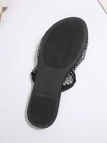 Summer New Niche Minimalist Hollow Rhinestone Flat Slide Sandals For Women, Fashionable Slip-On Mesh Breathable Closed-Toe Half-Slippers - Black - View 6